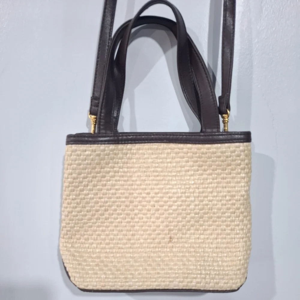 Etienne Aigner Woven Purse Handbag Shoulder Bag With Matching Mirror Tan Brown
